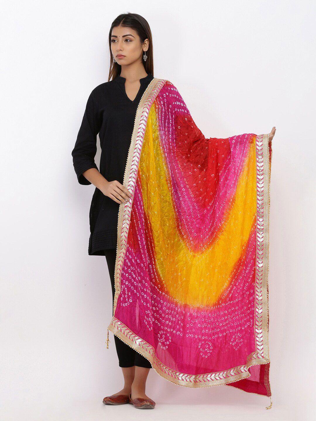 soundarya pink & yellow dyed art silk dupatta with gotta patti