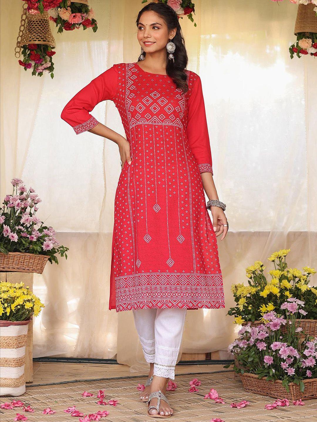 scakhi women red & white bandhani printed straight kurta