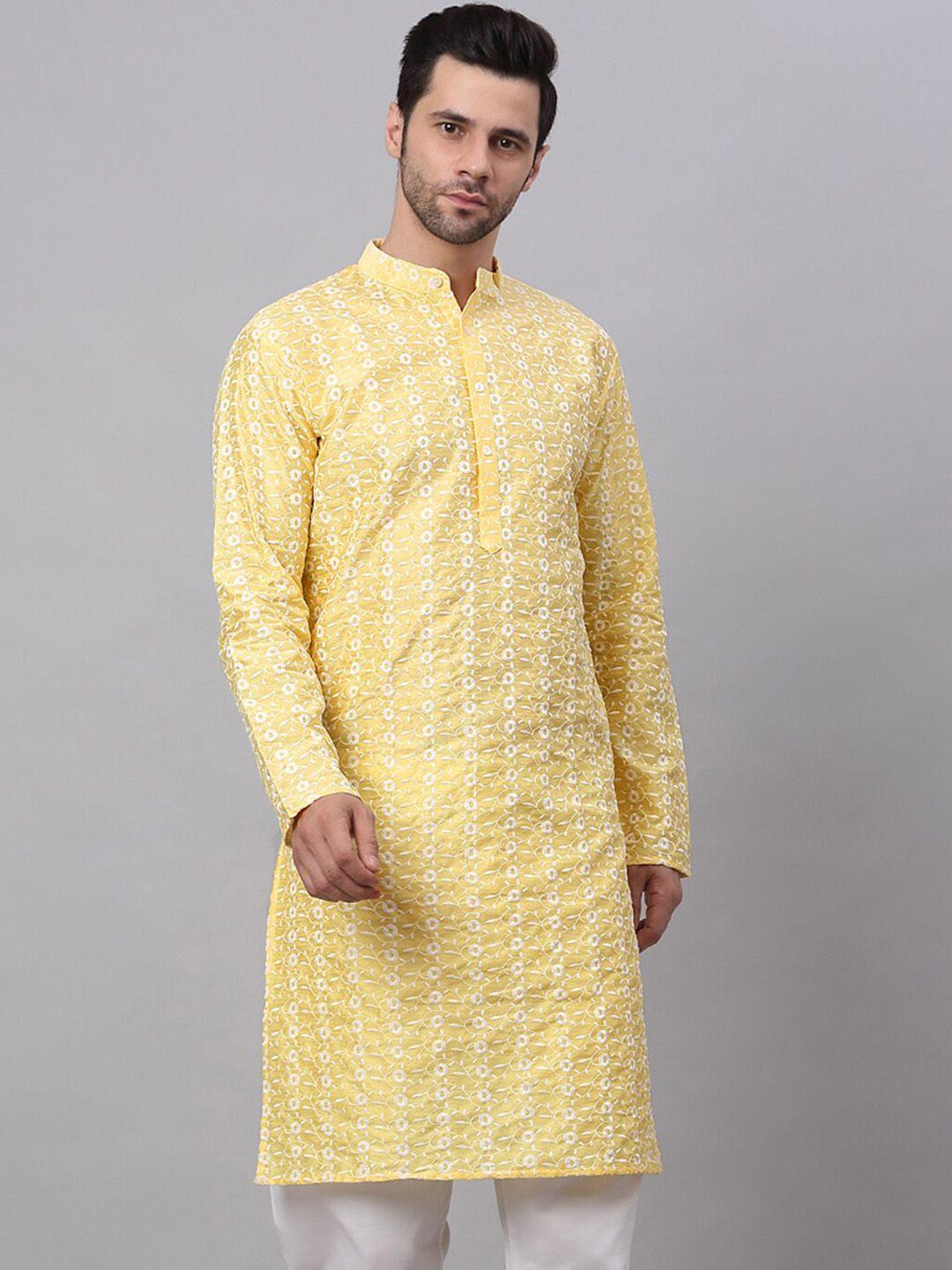 jompers men yellow floral embroidered kurta