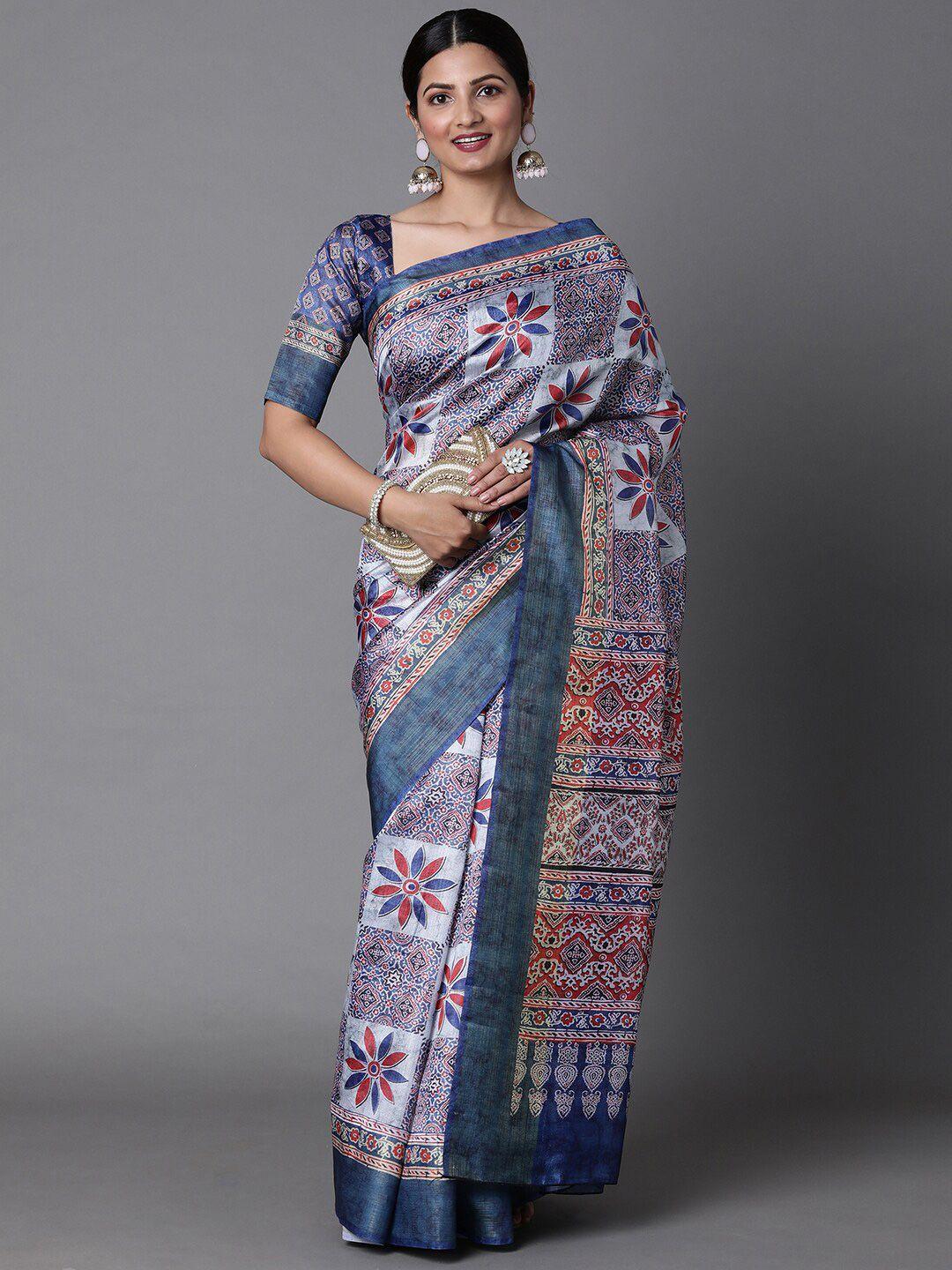 mitera navy blue & red floral printed linen blend bagh saree