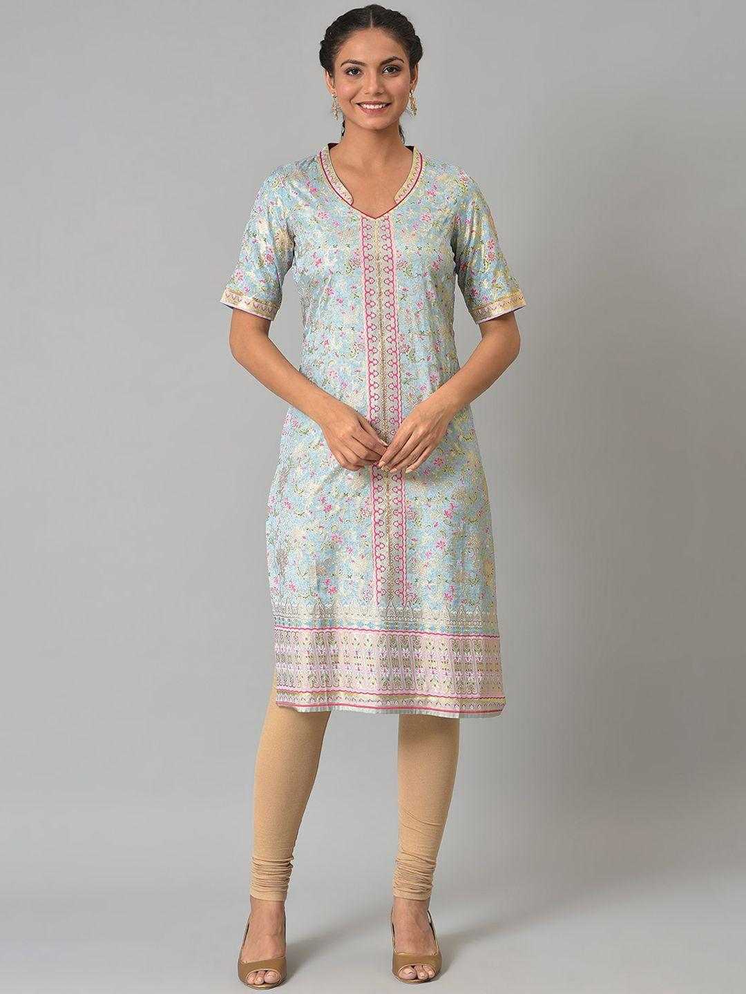 aurelia women blue & pink floral printed kurta