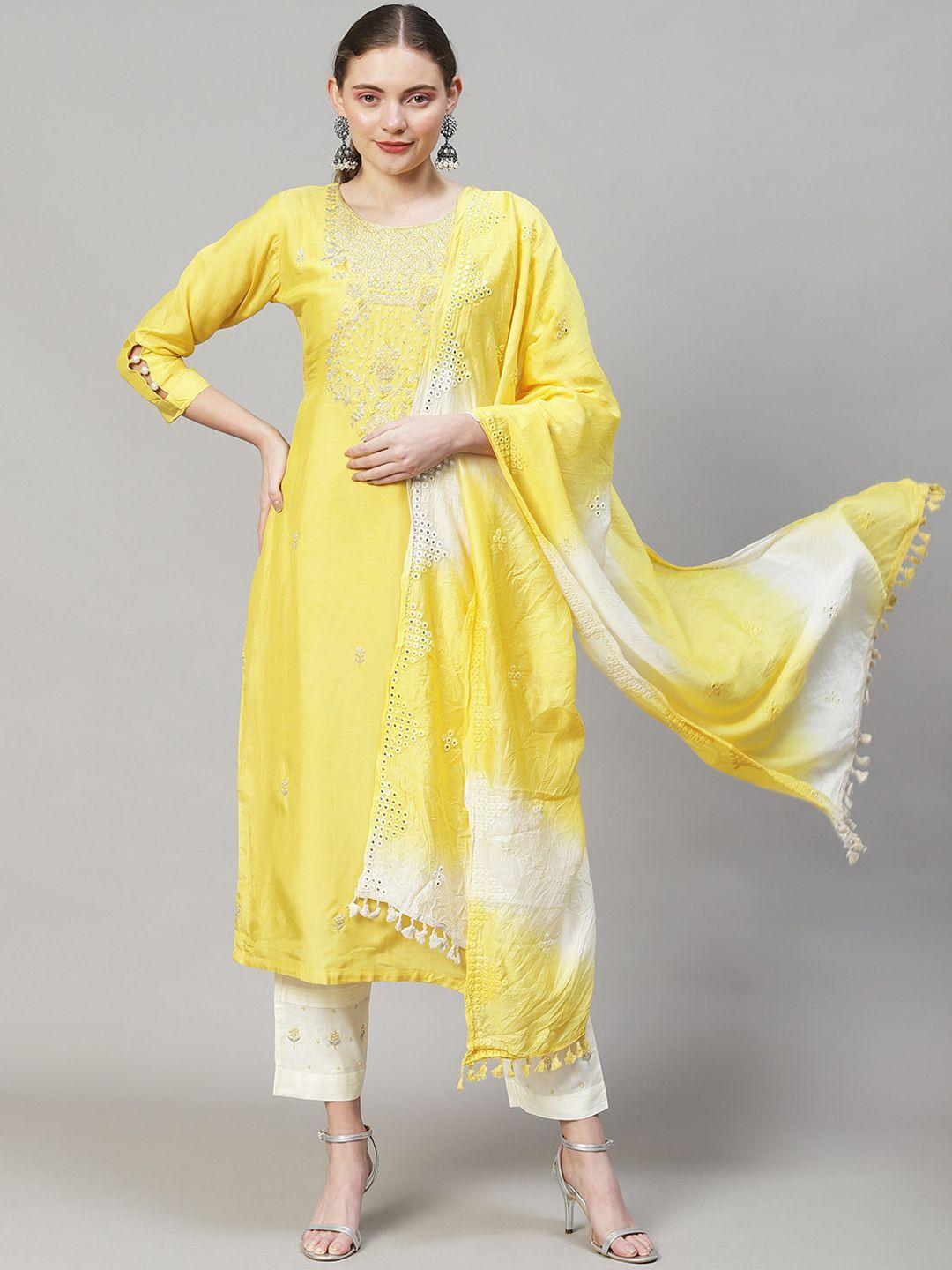 fashor women yellow ethnic motifs embroidered mirror work kurta with trousers & with dupatta