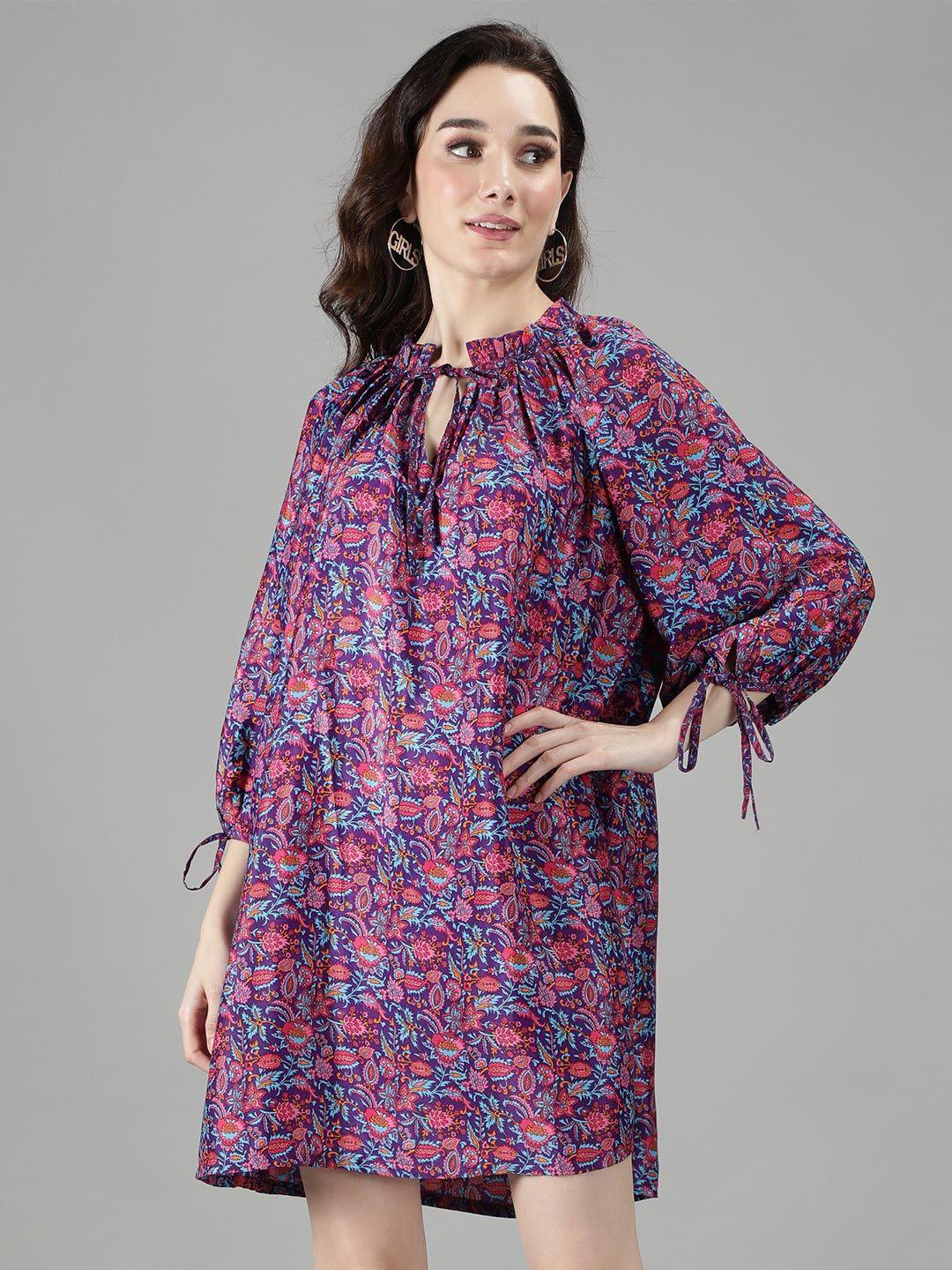 minglay purple floral tie-up neck crepe a-line dress