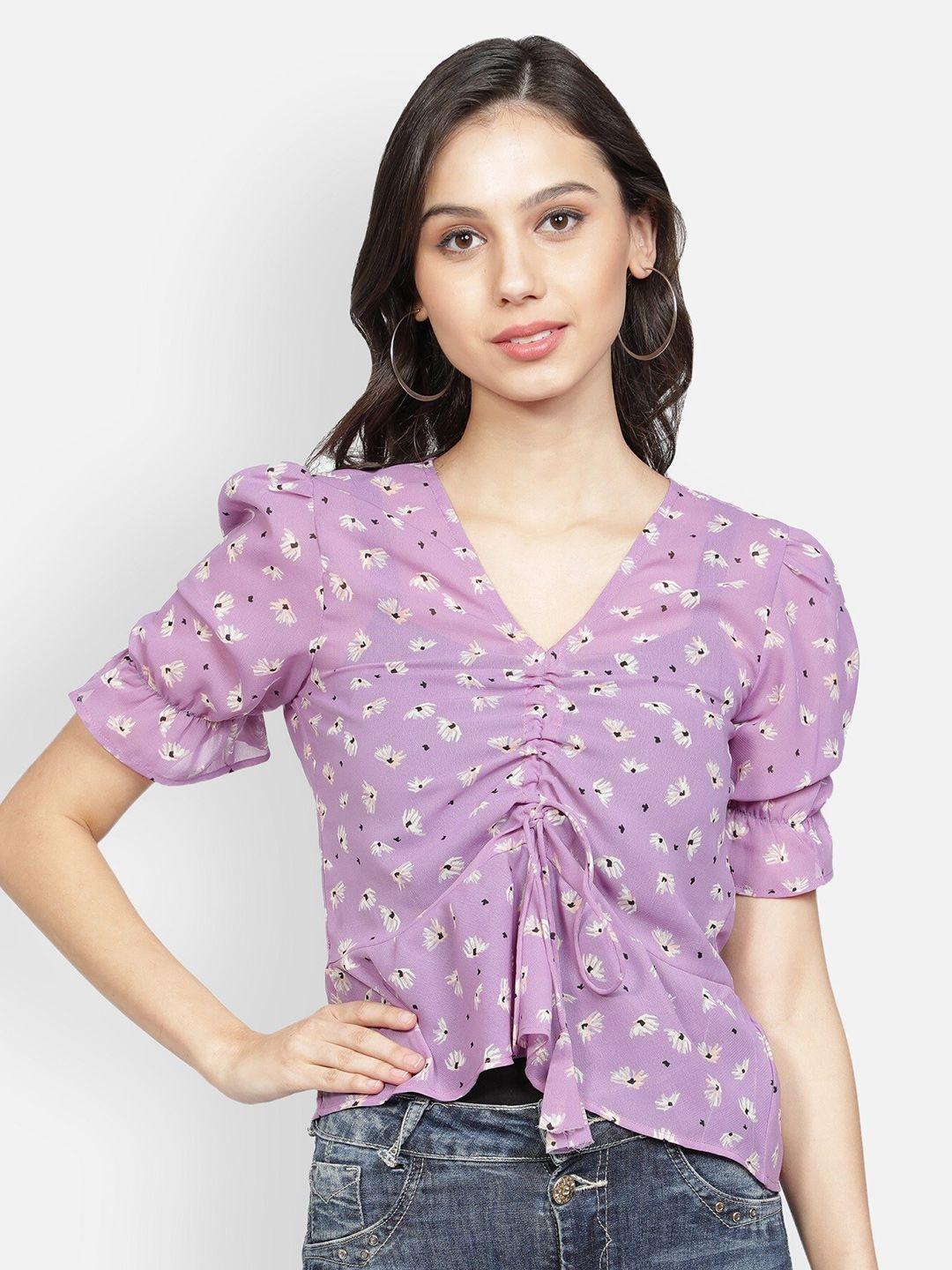 sipsew women purple & white floral print georgette top