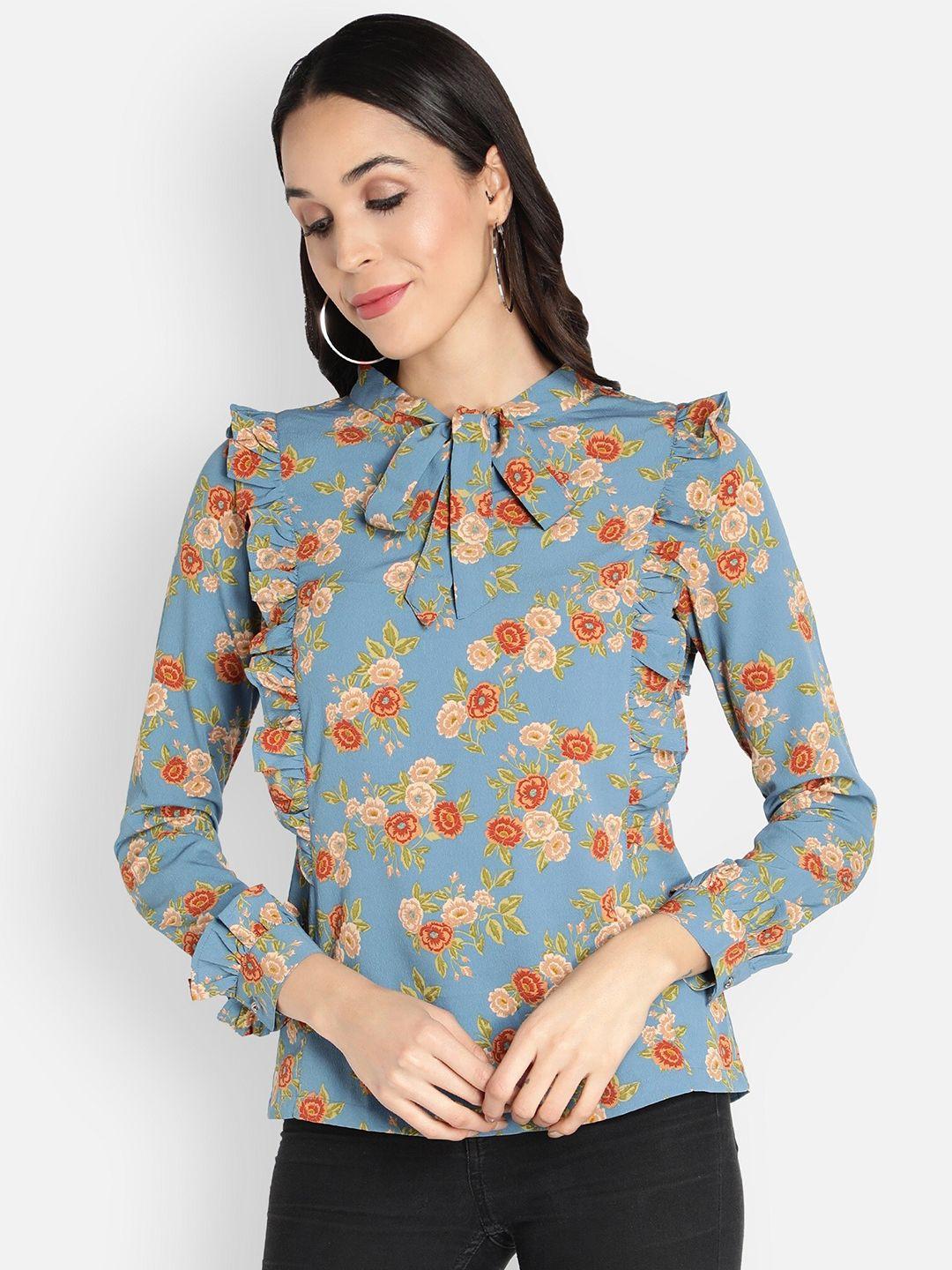 sipsew women blue & orange floral print tie-up neck top