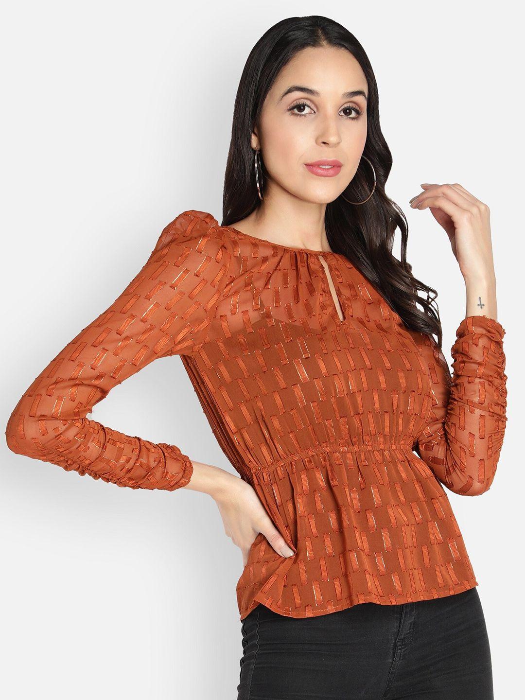 sipsew brown keyhole neck georgette cinched waist top