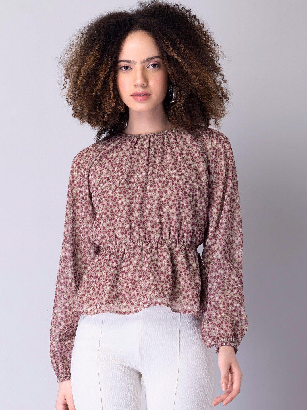 faballey women beige & pink floral printed blouson top