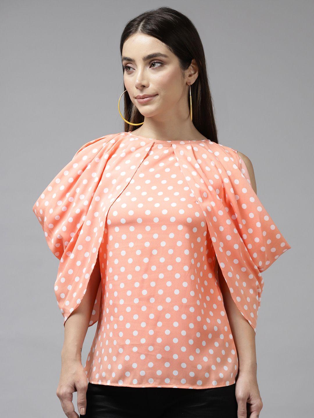 aarika peach-coloured & white printed georgette top