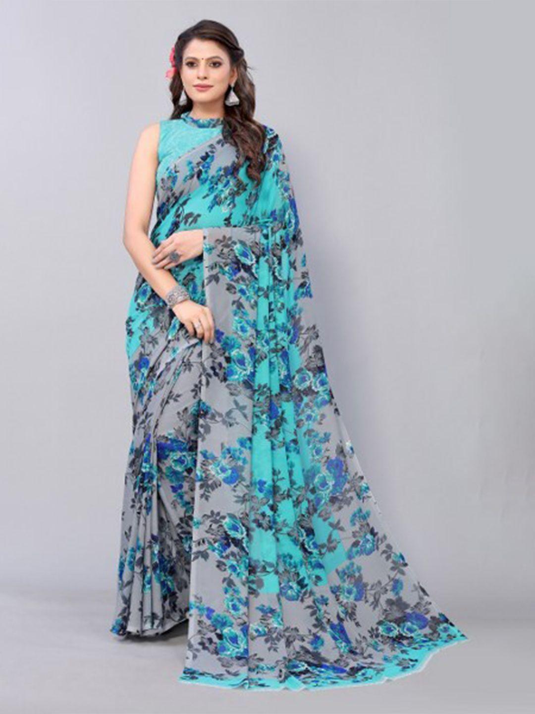 yashika teal & grey floral printed saree