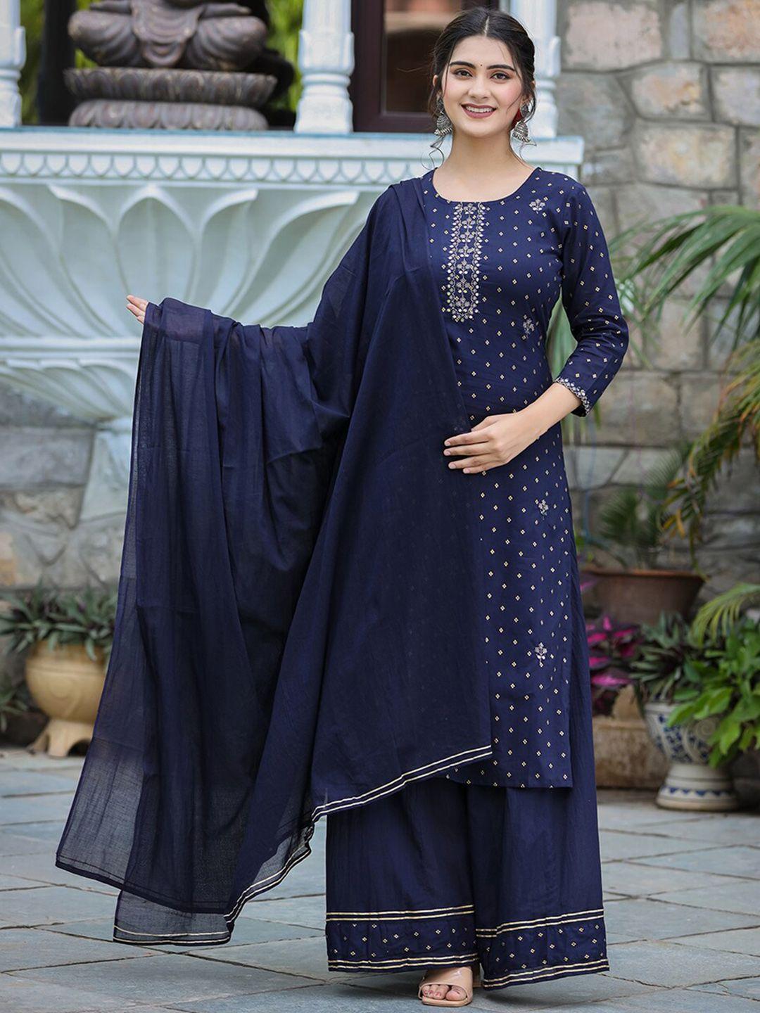 kaajh women navy blue floral printed mirror work pure cotton kurta with sharara & with dupatta