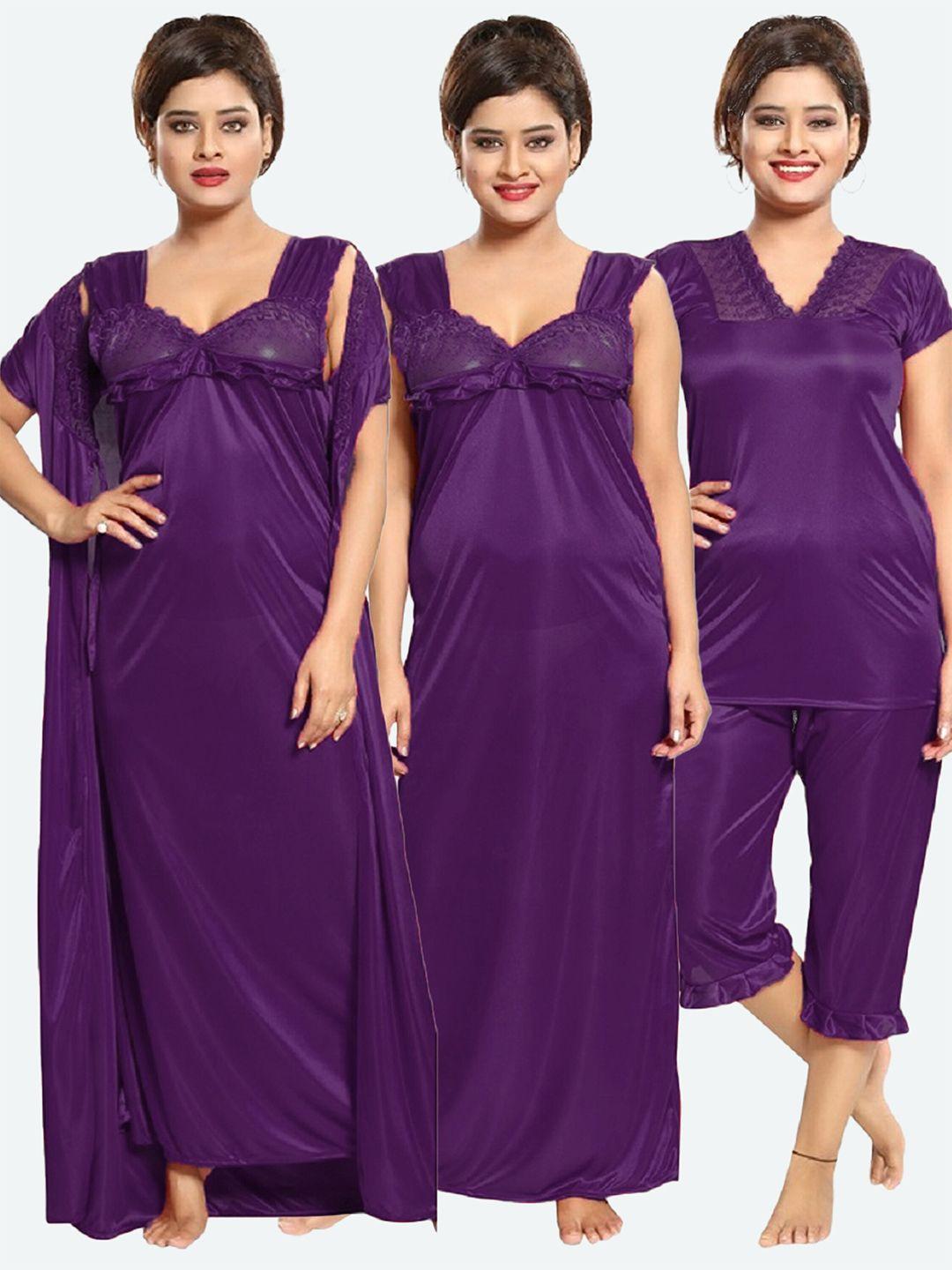 romaisa women purple maxi nightdress set with set with robe top & capri