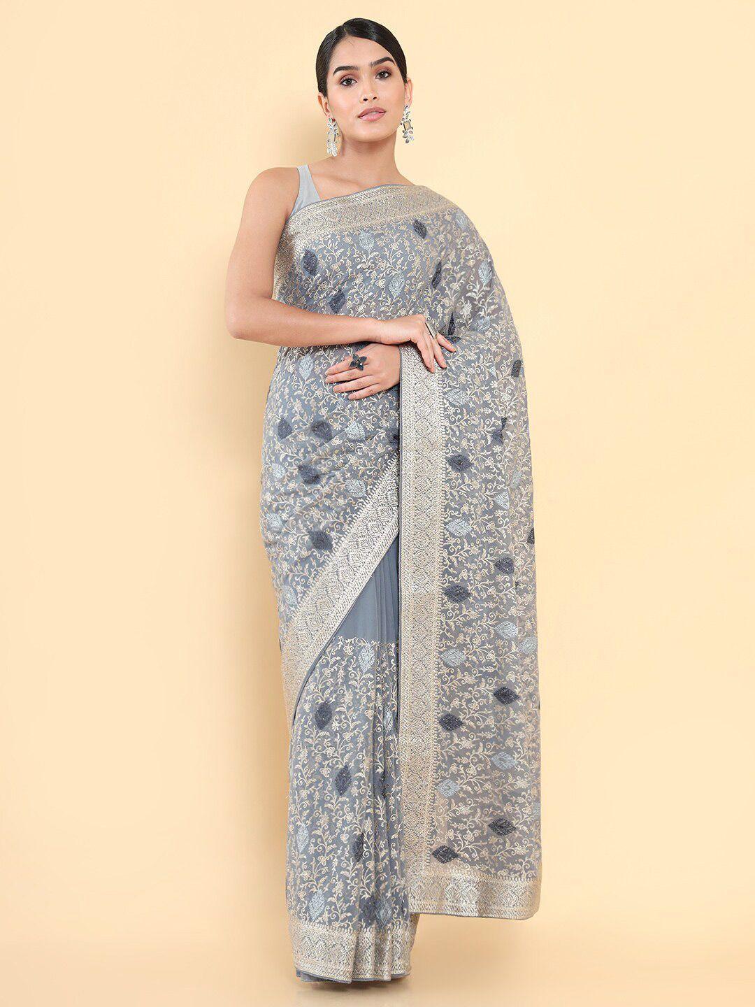 soch grey ethnic motifs poly georgette embroidered saree