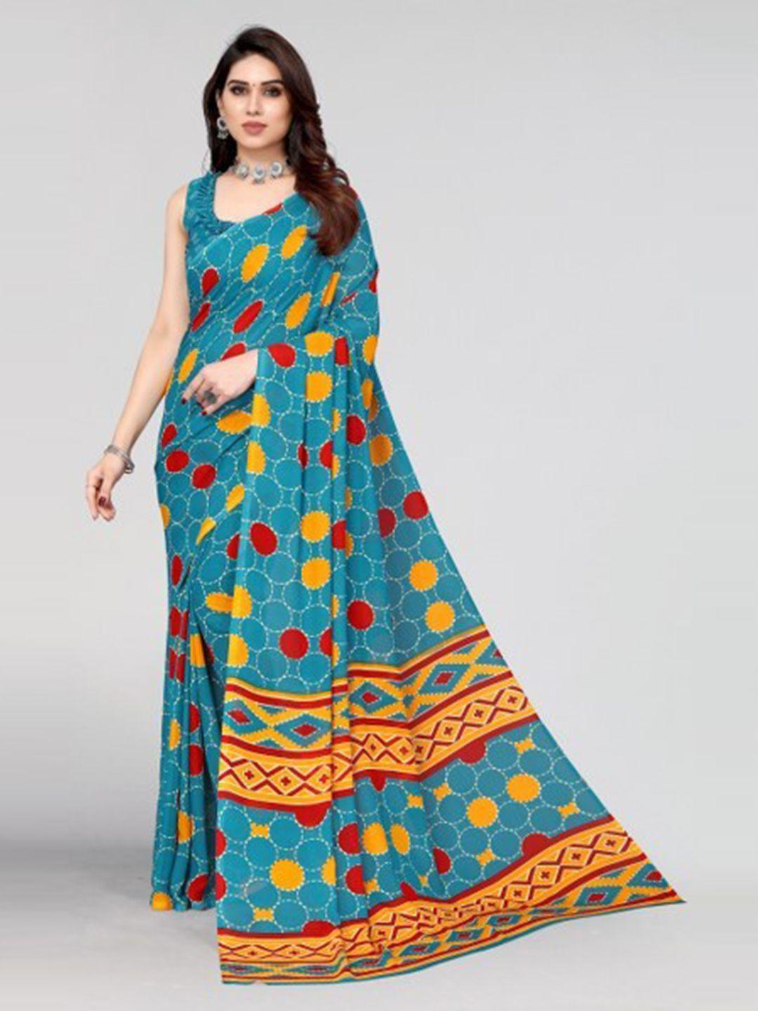 yashika teal & red georgette floral  printed saree