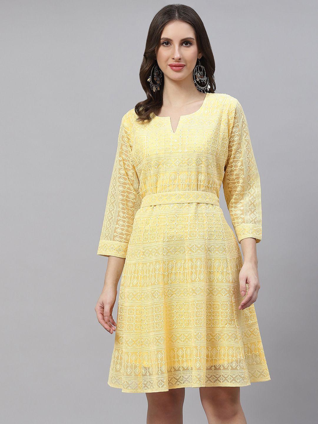 zola women yellow pure georgette chikankari a-line dress with belt