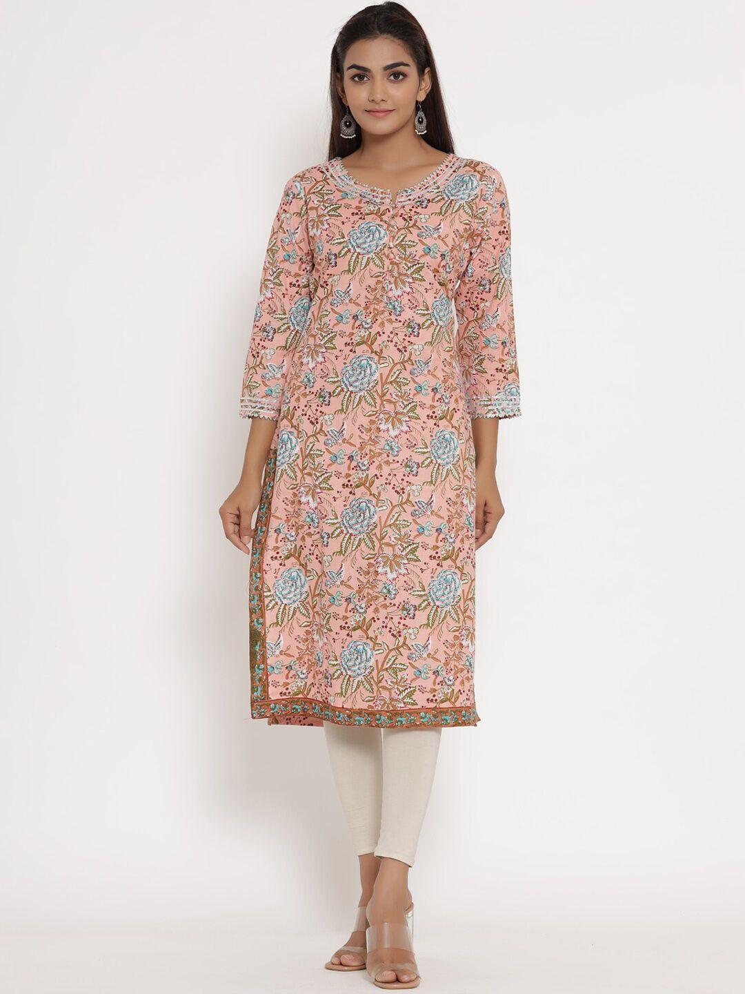 mirari women peach-coloured floral printed straight kurta