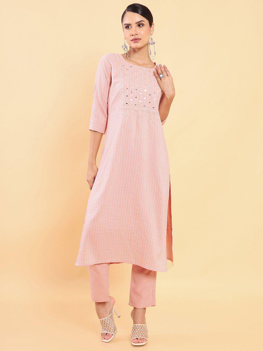 soch women pink striped mirror work kurta with trousers