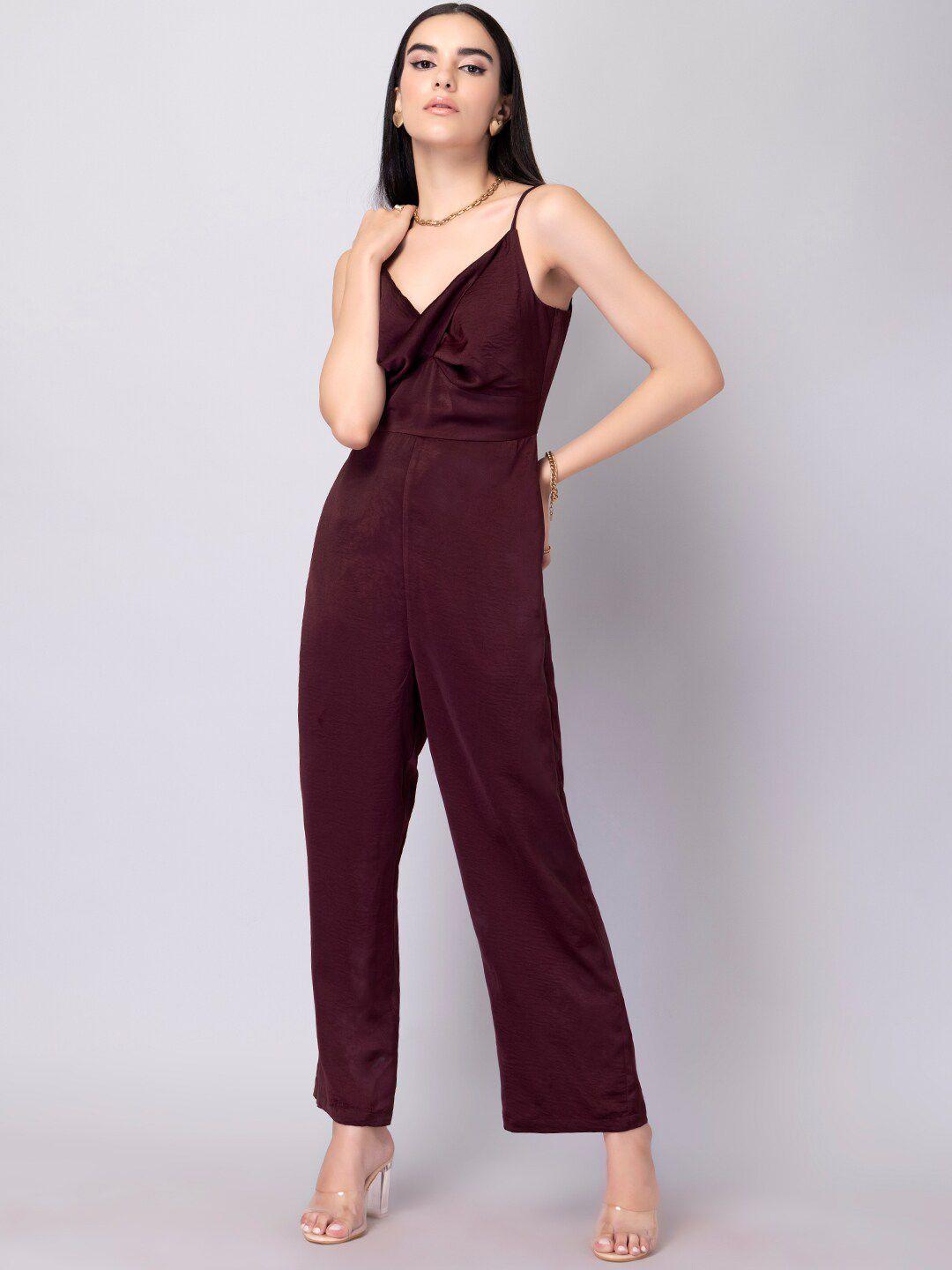 faballey maroon solid shoulder strap basic jumpsuit