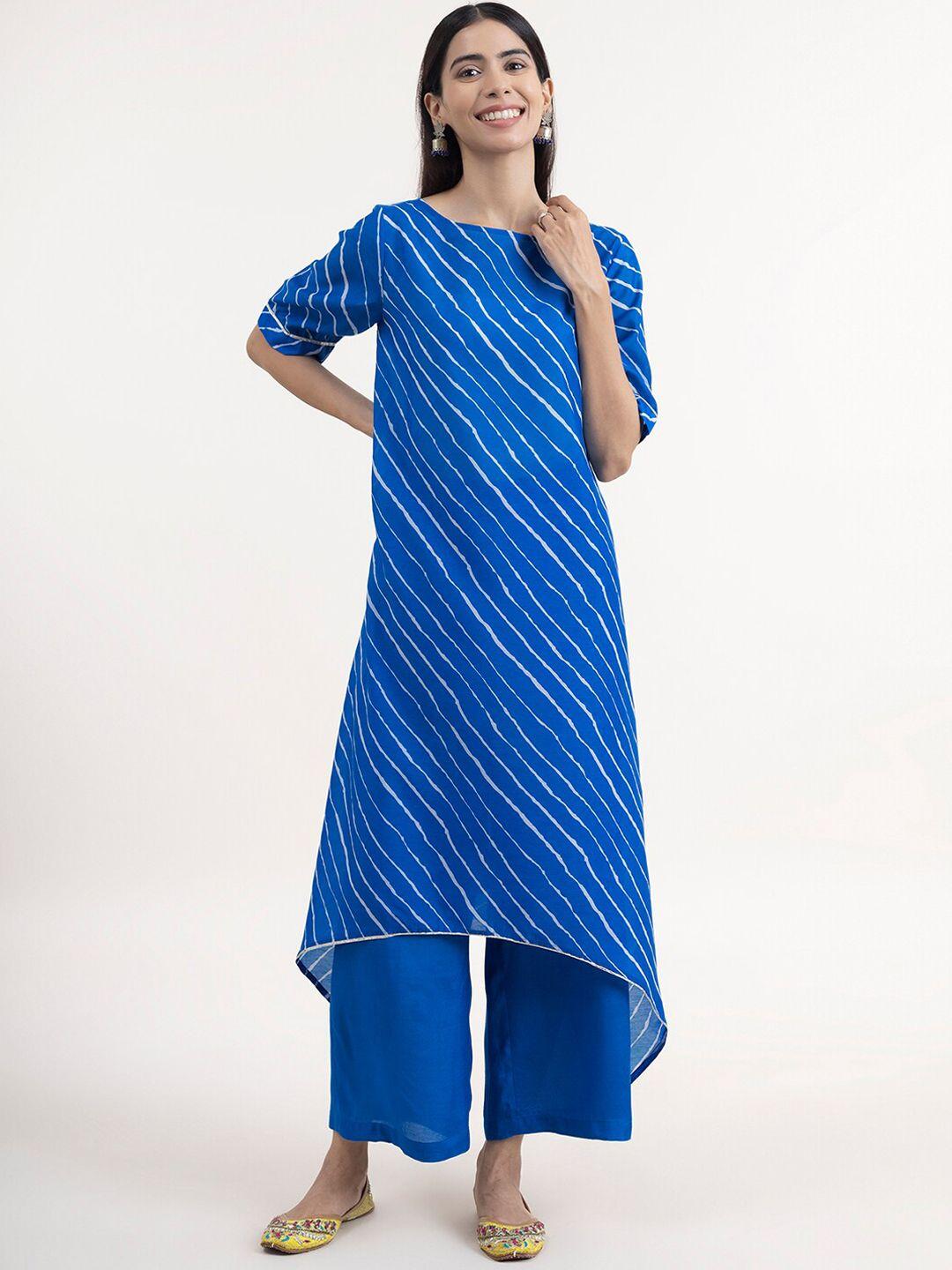 pink fort women blue leheriya printed angrakha kurta with palazzos