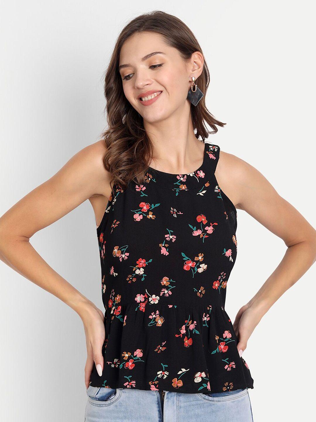 d 'vesh black & pink floral print crepe peplum top