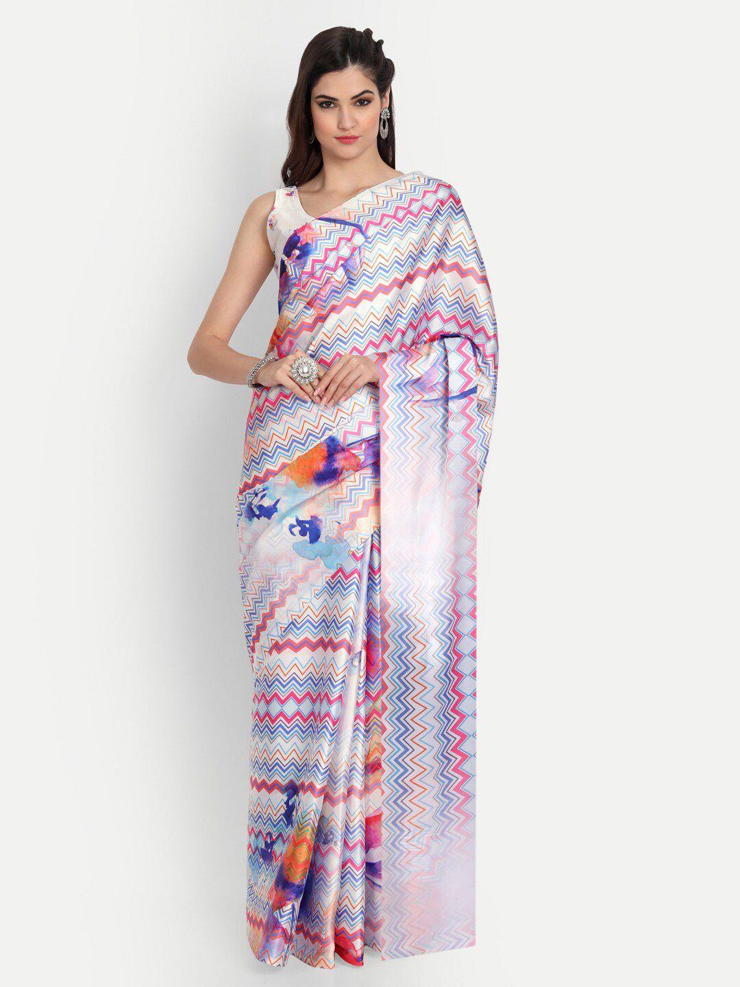 motihamir white & pink satin printed saree