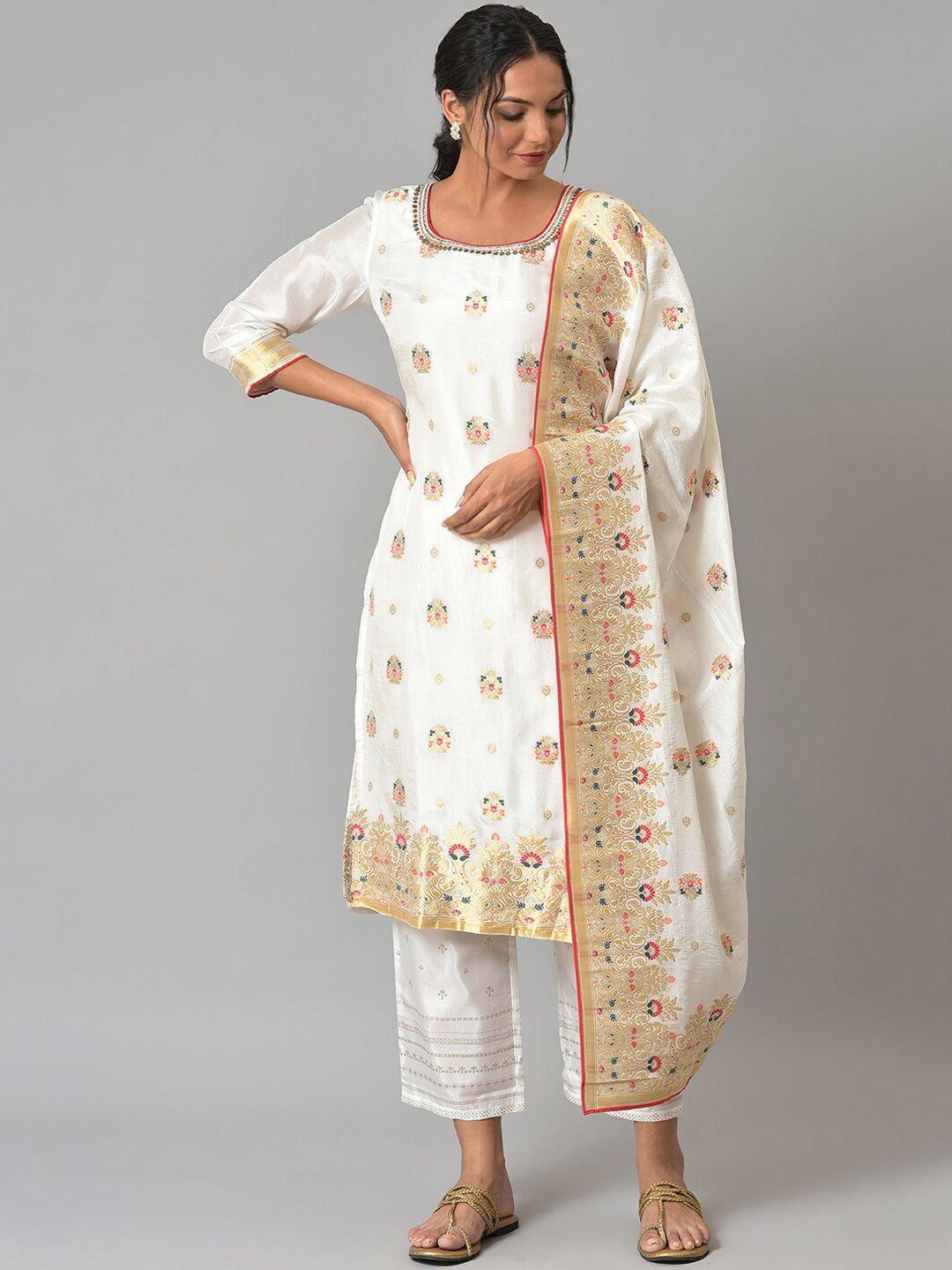 wishful women white paisley printed kurta with trousers & with dupatta