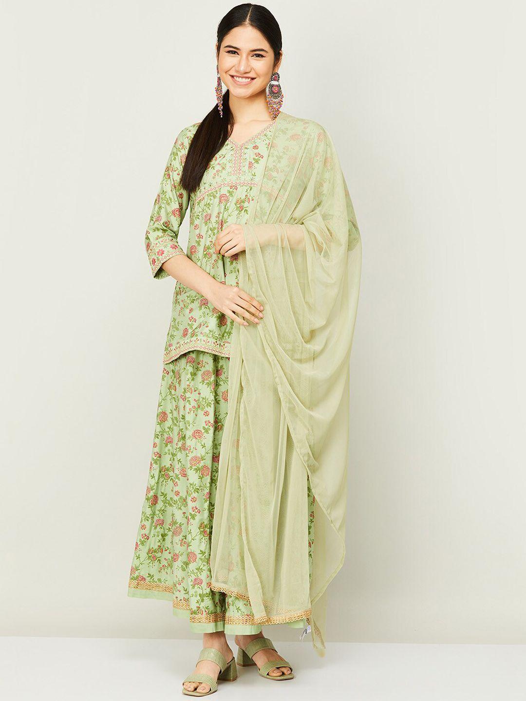 melange by lifestyle women green and pink floral print kurta with palazzo and dupatta