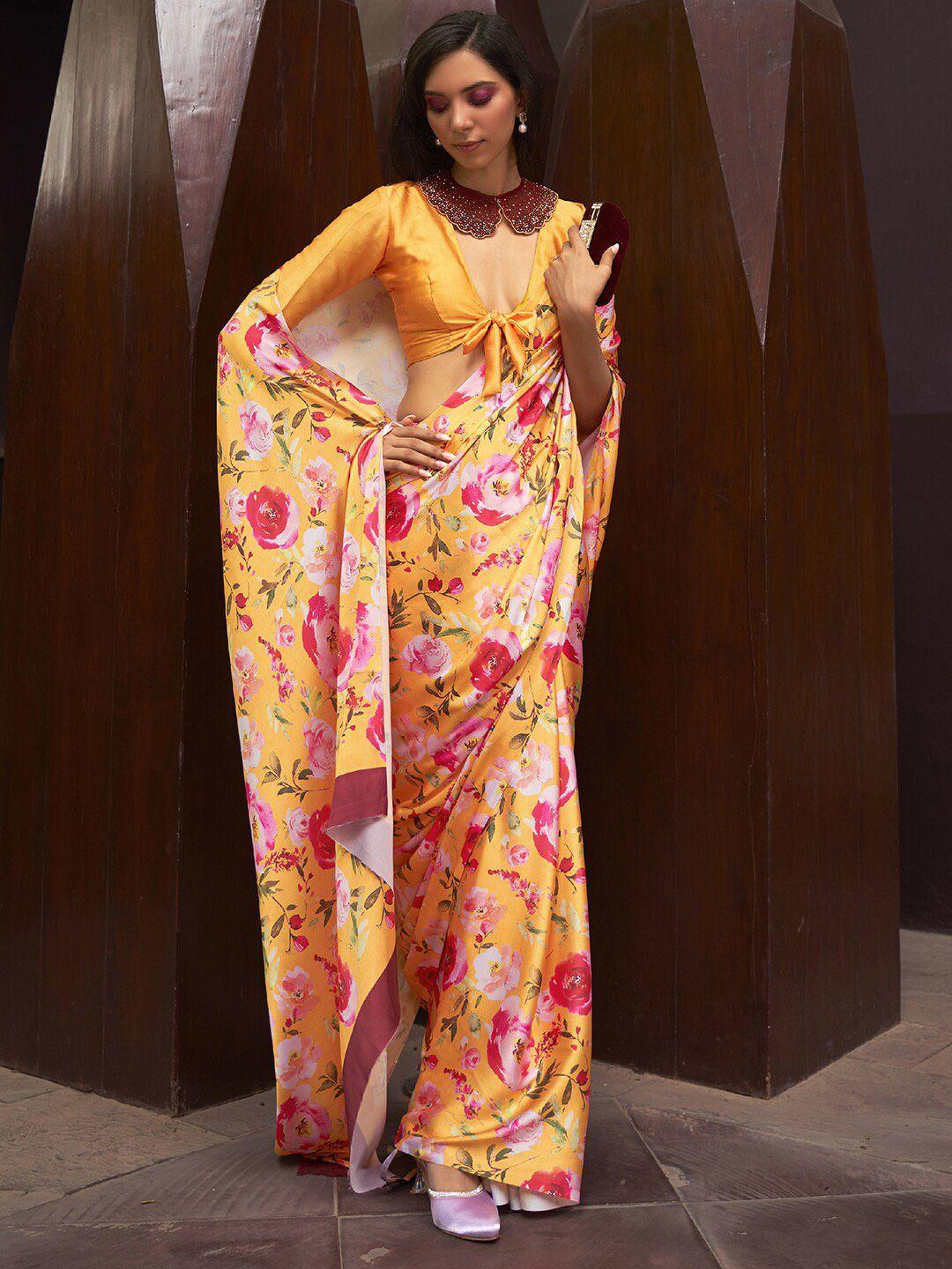 mitera yellow & pink floral satin saree