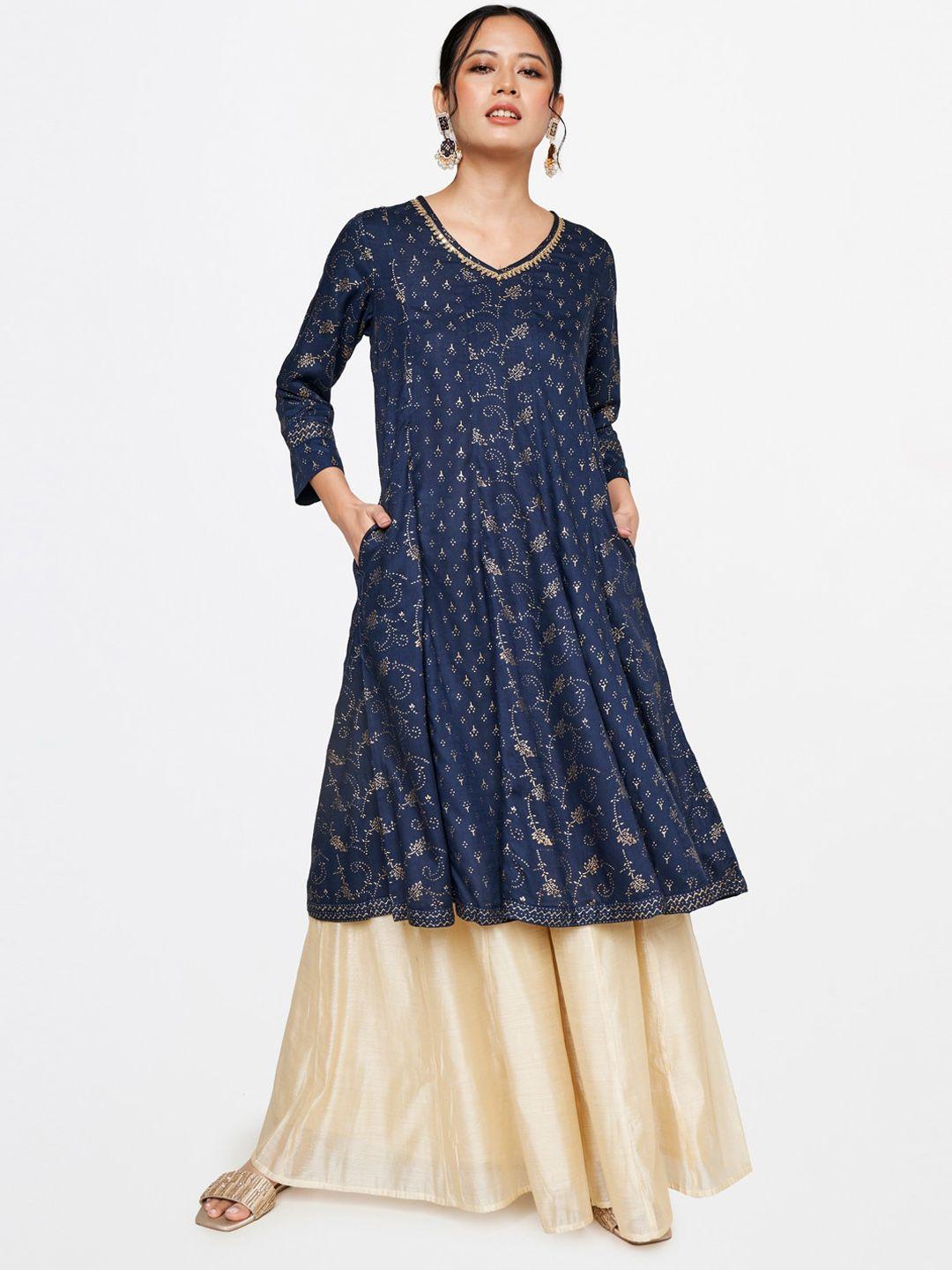 global desi women blue embellished anarkali kurta