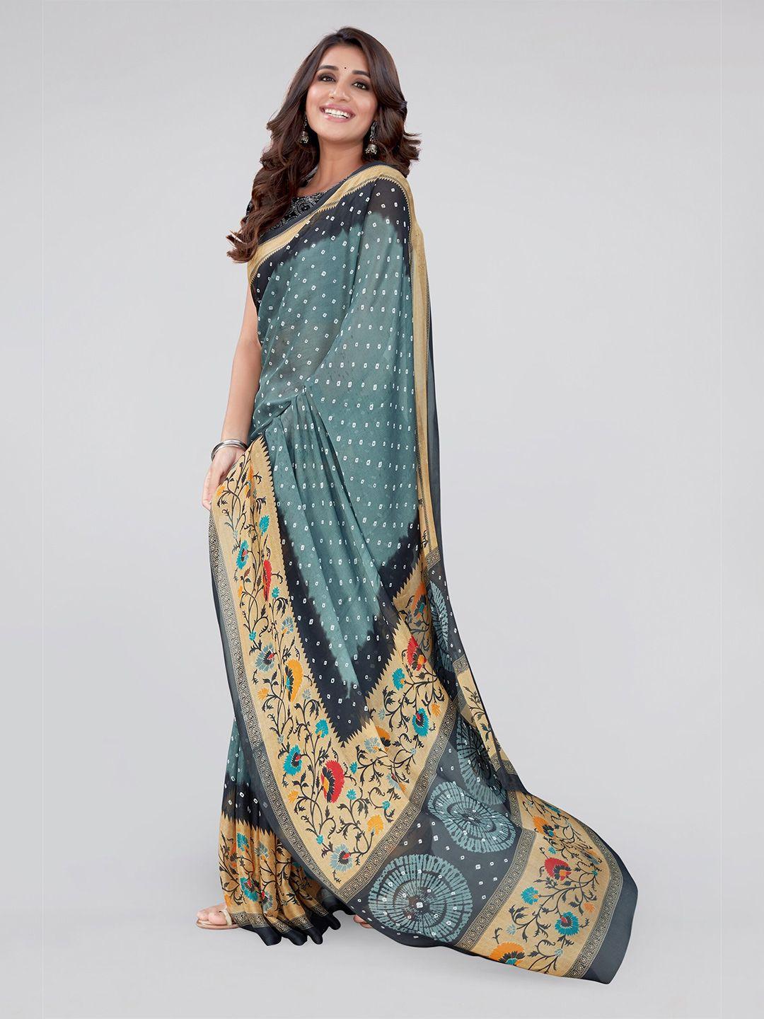 mirchi fashion grey & beige bandhani saree