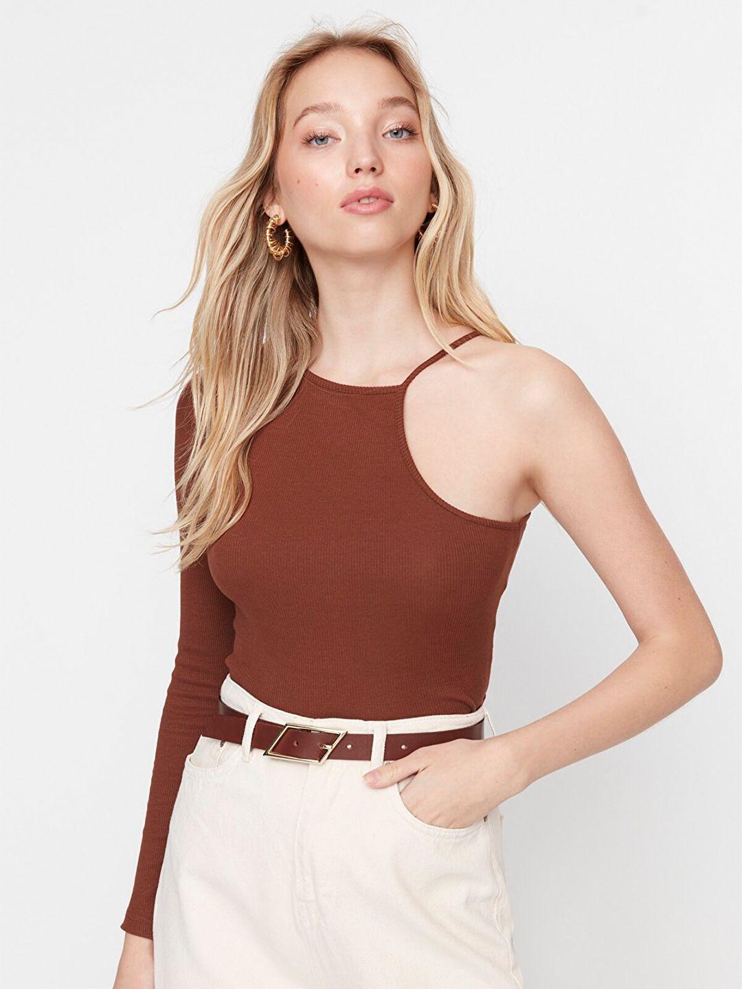 trendyol brown solid one shoulder top