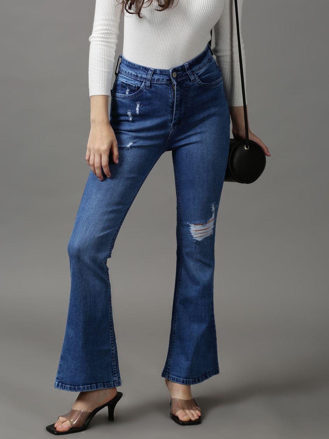 showoff women blue bootcut low distress light fade stretchable jeans