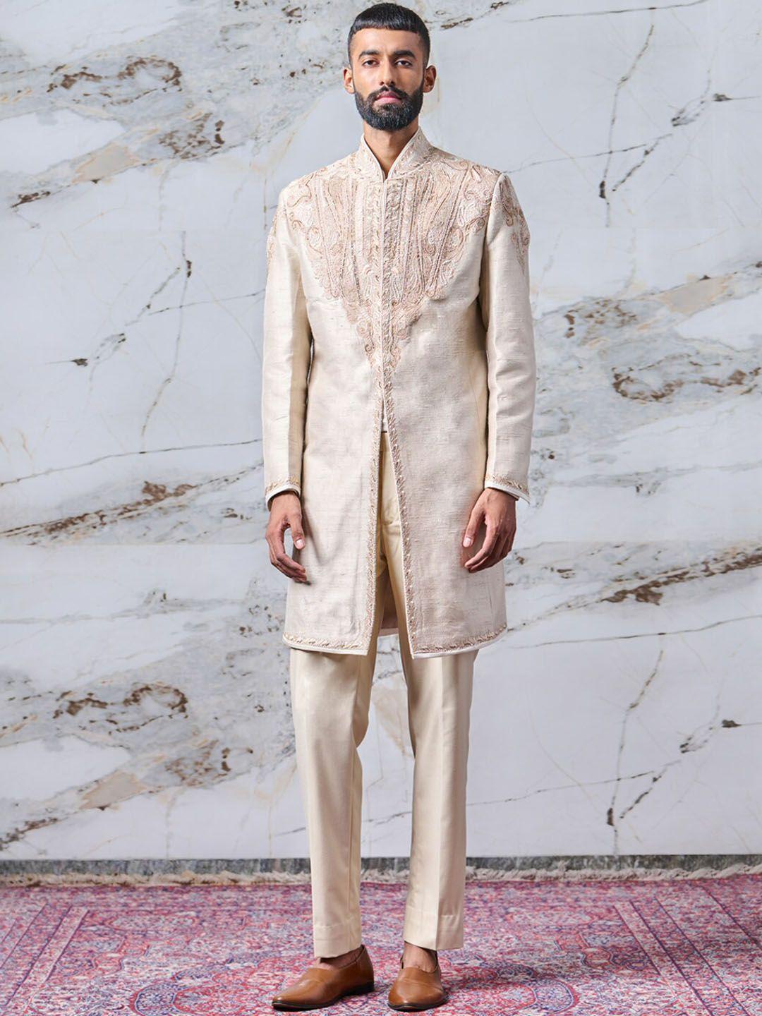 tasva men off white tissue aari embroidered sherwani set