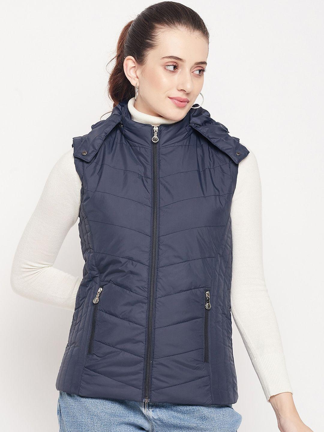 adobe women navy blue solid sleeveless hooded lightweight padded jacket