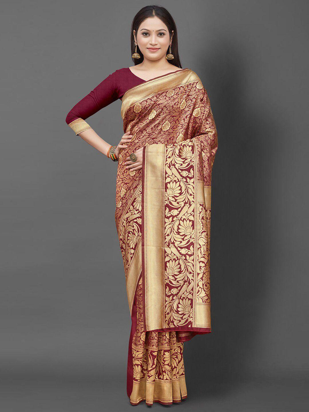 mitera maroon & gold-toned ethnic motifs silk blend banarasi saree