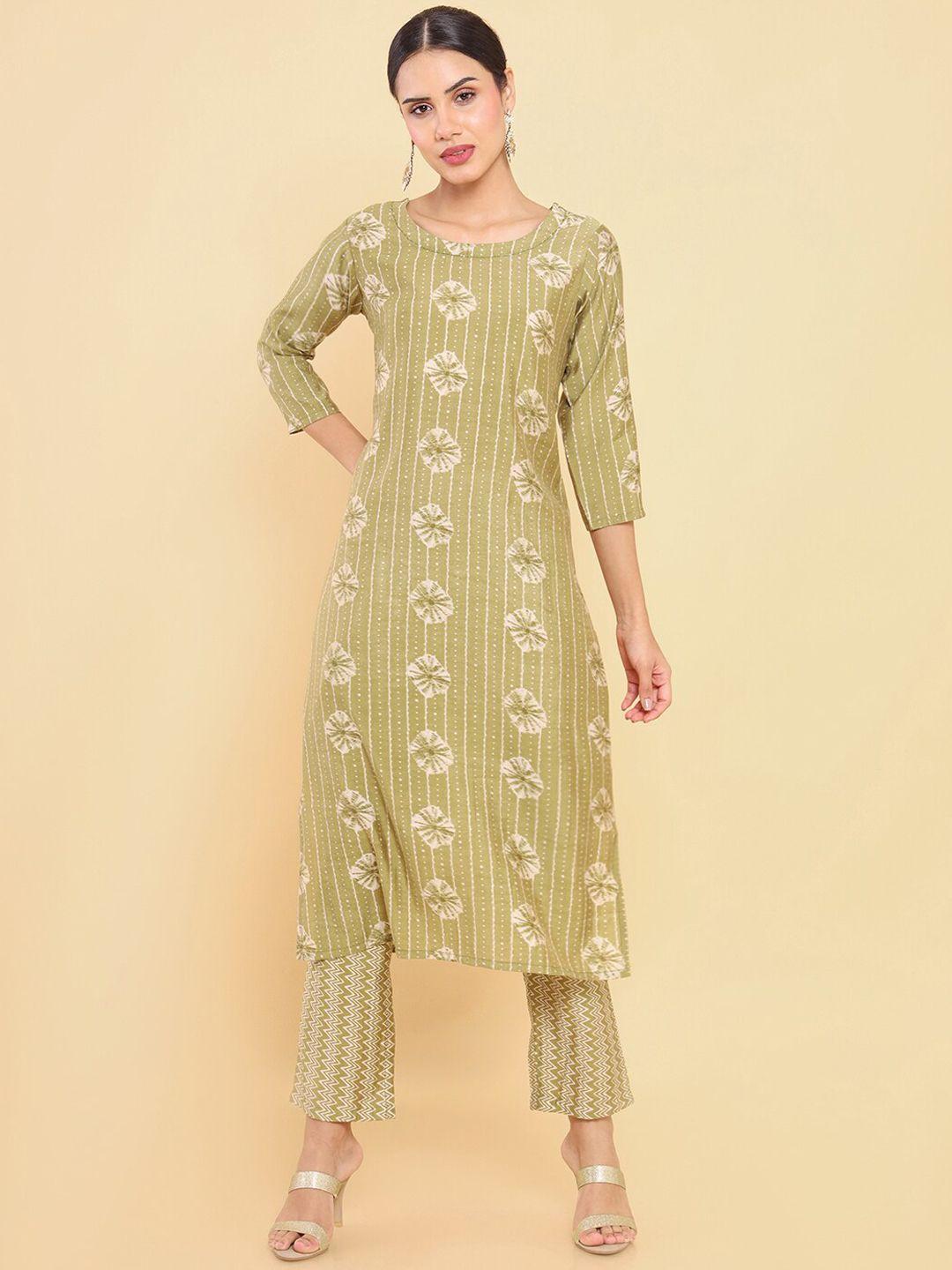 soch women green printed pure cotton kurta with trousers