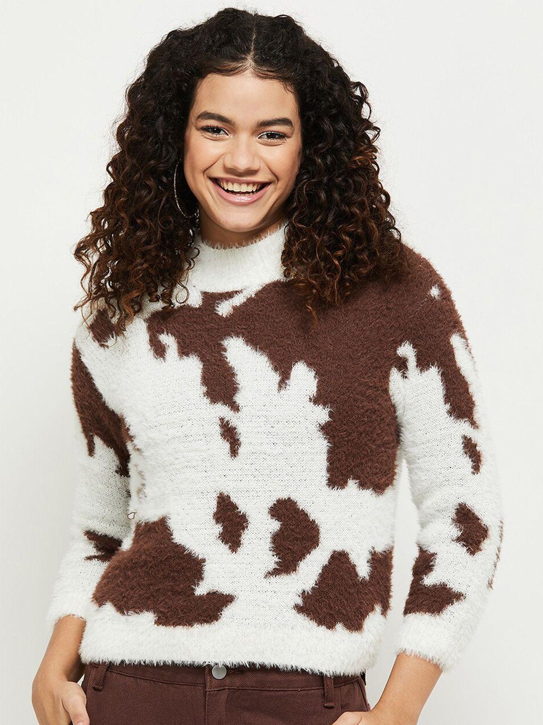 max women off white & brown printed pullover