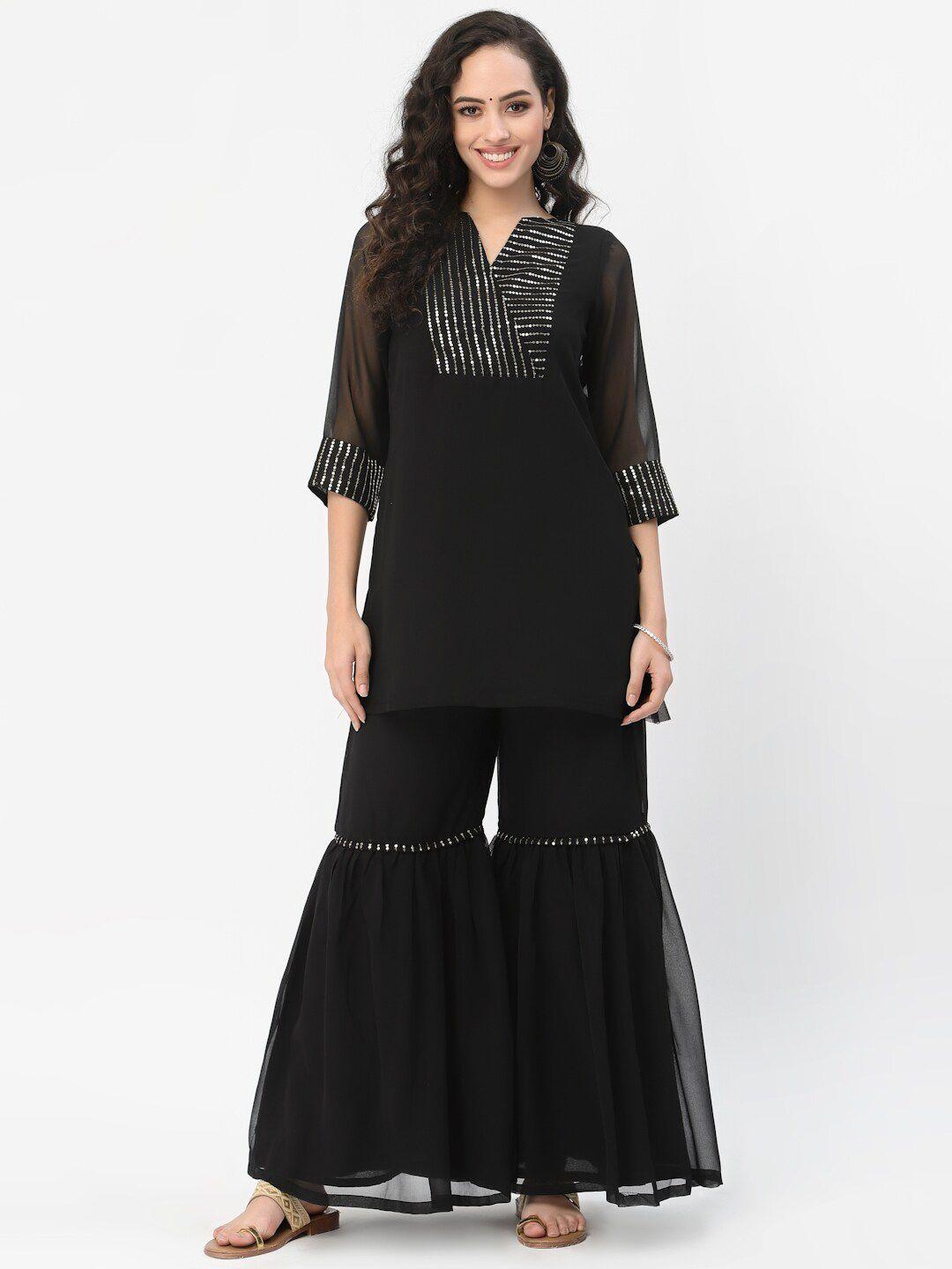 studio rasa women black embroidered sequinned kurta with sharara