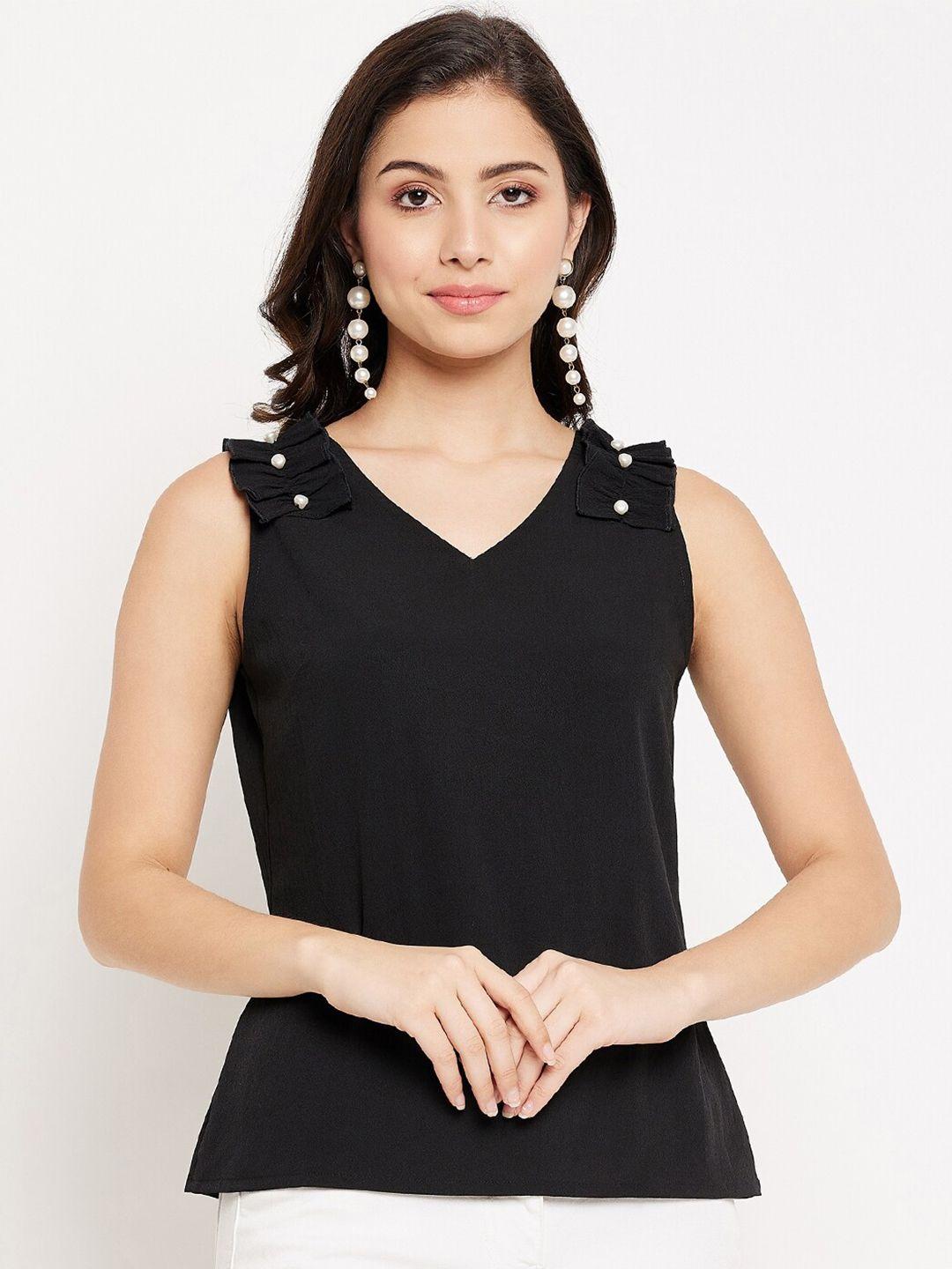 winered women black v-neck beads detailed crepe top