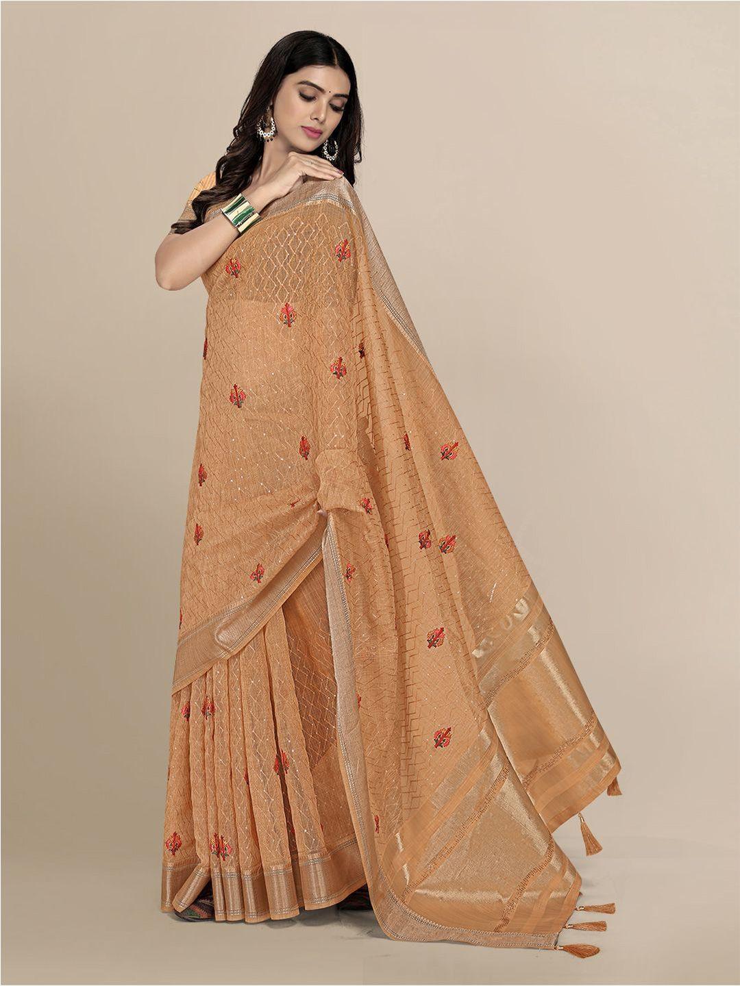 mitera orange & gold-toned embellished zari silk blend saree