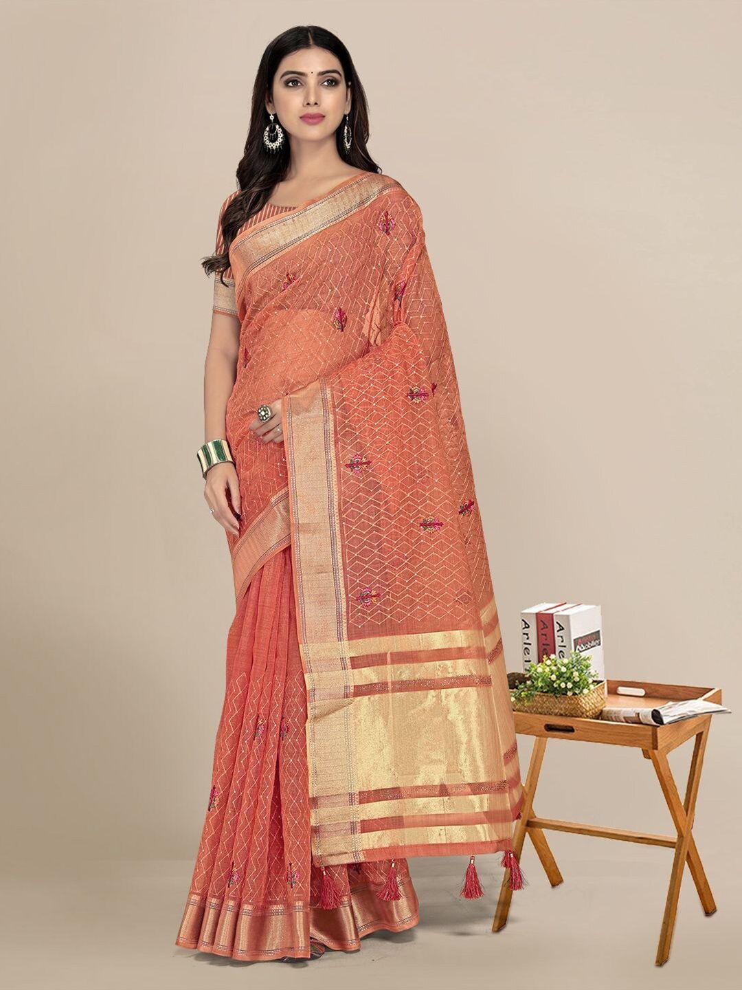 mitera peach-coloured & gold-toned floral zari silk blend saree