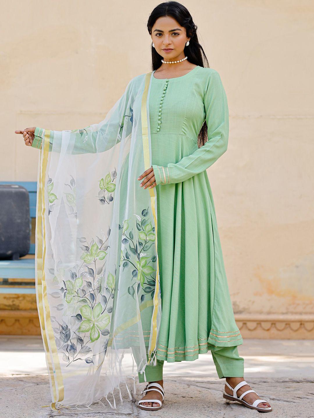 pheeta women green organic cotton kurta with trousers & with dupatta