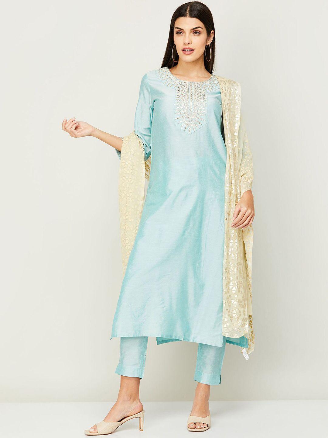 melange by lifestyle women blue embroidered kurta with trousers & with dupatta