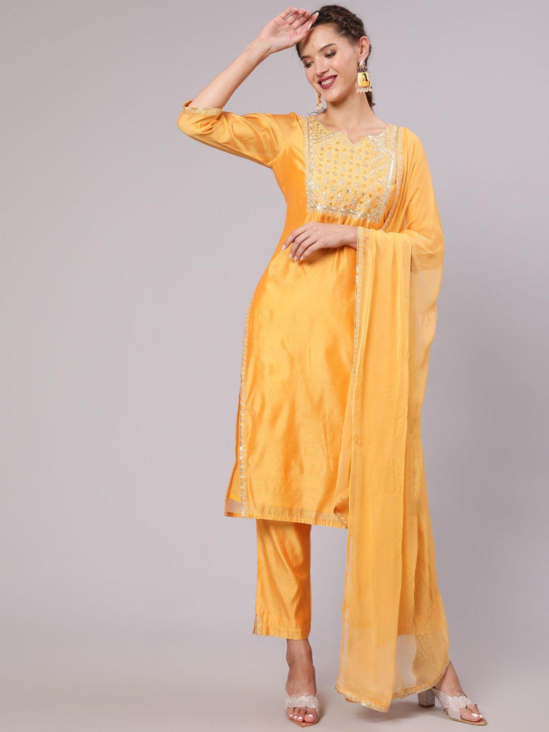 jaipur kurti women orange embroidered chanderi cotton kurta with trousers & with dupatta