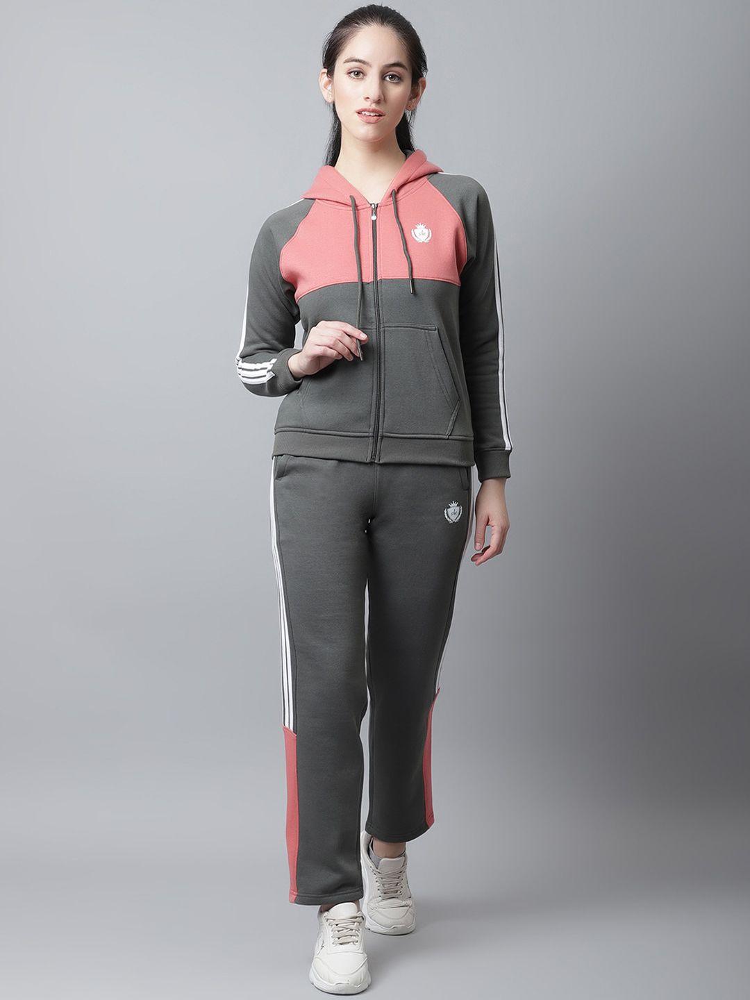 anti culture women charcoal & peach-coloured colourblocked  tracksuits