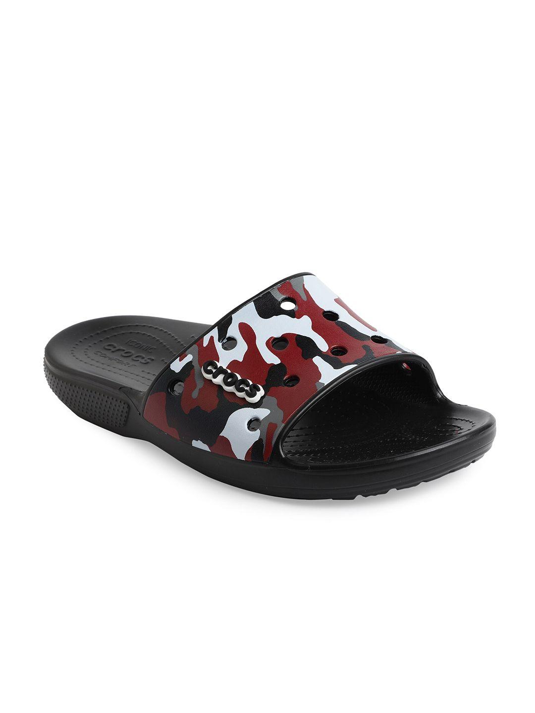 crocs black & maroon printed croslite sliders