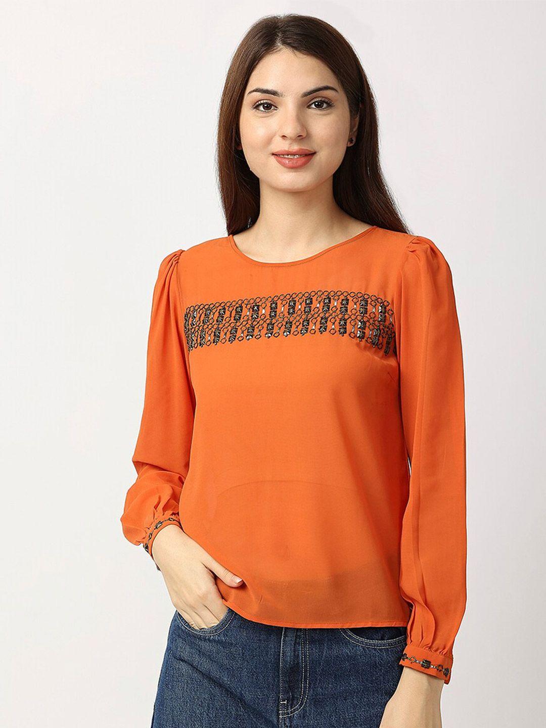 aaliya orange embellished studded georgette top