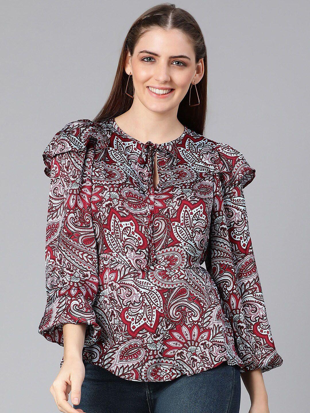 oxolloxo maroon print tie-up neck ruffles cinched waist top