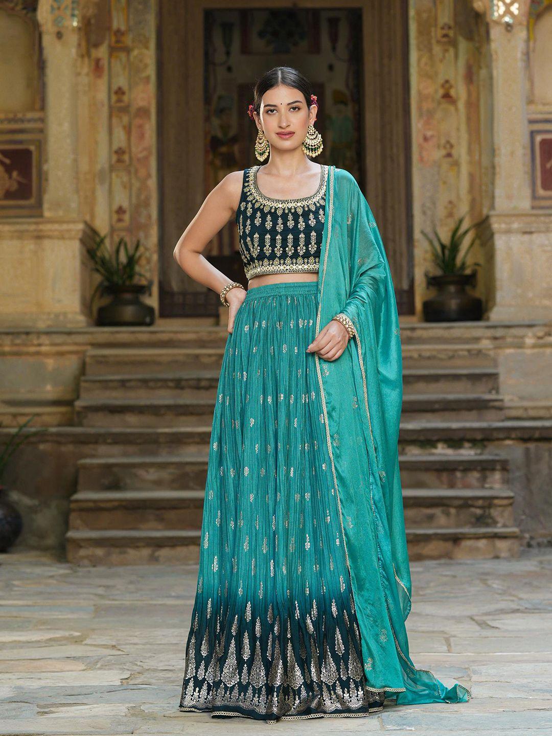 scakhi green & navy blue embroidered foil print ready to wear lehenga & blouse with dupatta