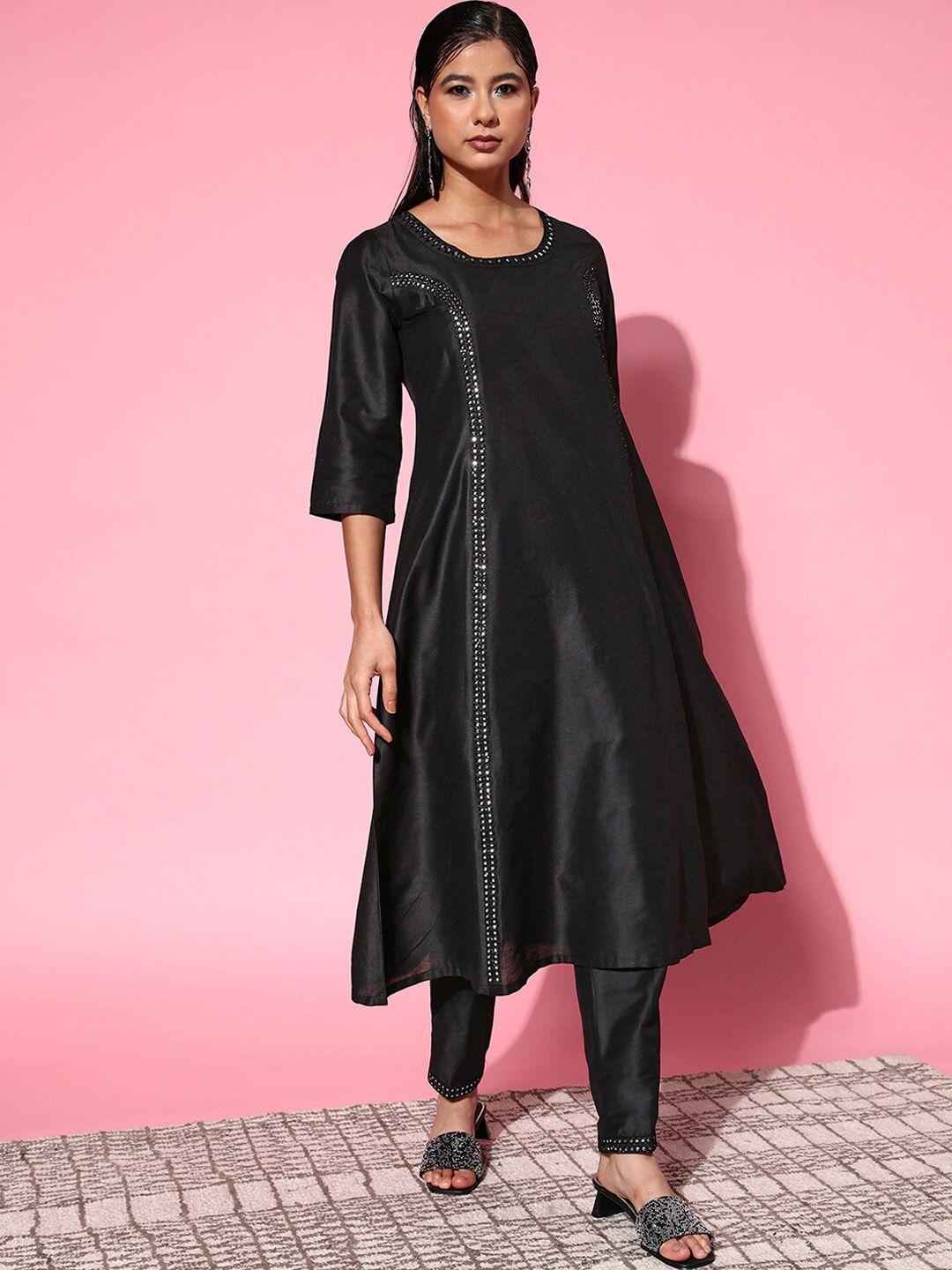 shae by sassafras women black embroidered mirror work kurta with trousers