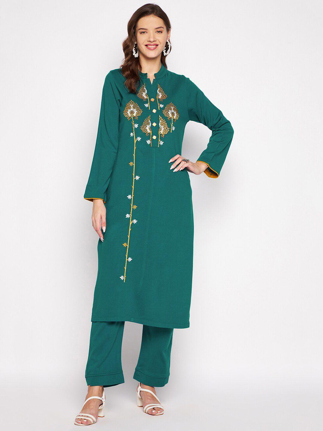 zigo women teal green floral embroidered thread work kurta with trouser